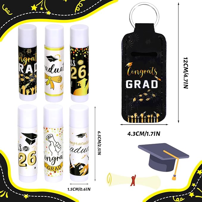 36 Pcs 2026 Graduation Gift Bulk Lip Balms Class of Graduation Party Favors Chapstick Holder Keychain and Lip Balms Set for Students Dry Chapped Lips Classmates Graduation Party