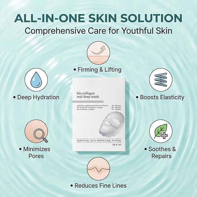 Bio-Collagen Real Deep Mask, Collagen Face Mask Overnight, Deep Hydrating and Firming Facial Mask, Elasticity & Pore Minimizing, Gentle for All Skin Types, 4PCS