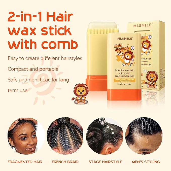 2pcsHair Styling gel for Baby Hair Wax Stick with Built-in Comb Wax Stick for Hair Slick Stick Hair Care for Kids Styling Waxes for Fly Away & Edge Frizz Hair Refreshing Non-Greasy