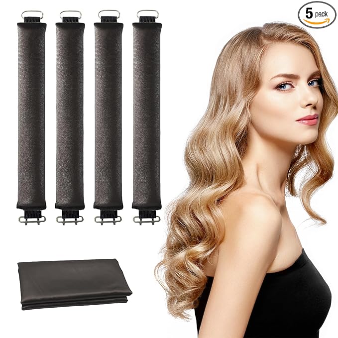 Heatless Hair Curlers, Satin Foam Rollers, Overnight Curling Rods for Long Hair, 5 Count (Black)