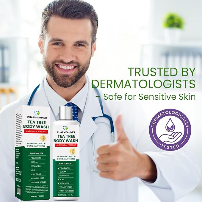 PHARMBANNER Tea Tree Antifungal Body Wash – Soothes Folliculitis, Acne, Jock Itch, Athlete’s Foot, Ringworm, Tinea Versicolor, Body Odor, Eczema & Dermatitis-Prone Skin