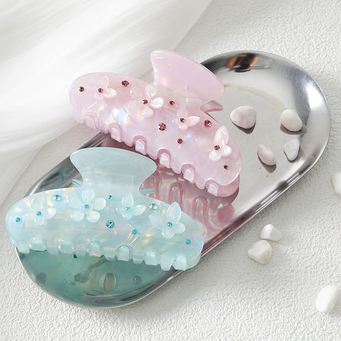 HAIMEIKANG 2Pcs Acrylic Flower Hair Claw Clips - Large Hair Clips for Women Jaw Clips for Thick Thin Hair Strong Hold Cute Non-slip Claw Clips Stylish Hair Accessories for Women Girls