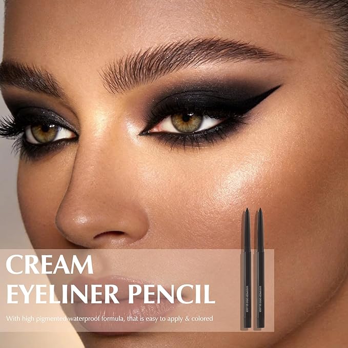 2 PCS Black Eyeliner Pencil Set, Retractable Shine Shimmer Gel Waterline Eye Liner Pen, Smudge-Proof Multi-Use Creamy Eyeshadow High Pigmented Long-Lasting Smooth Eyeliner for Older Women