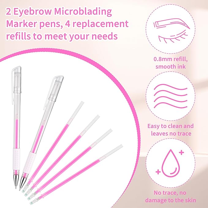 TIESOME Eyebrow Microblading Marker Pens, 2pcs Skin Marker Pen Eyebrow Makeup Position Mapping Mark Tools Eyebrow Mapping Pen Stencil with 4 replacement refills (Pink)