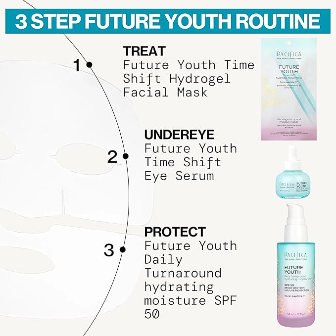 Pacifica Future Youth Time Shift Hydrogel Facial Mask - 6-PACK - Multi-Peptide Anti-Aging Sheet Mask for Firming & Plumping, Ultra-Hydrating Serum-Infused Mask for Face & Neck, 100% Vegan