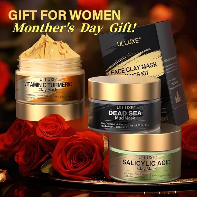 Facial Clay Mask Set - Vitamin C Turmeric Face Mask, Dead Sea Mud & Salicylic Acid (BHA) Mask for Pore Cleansing, Brightening, Blackheads & Dark Spots, Face Masks Skincare Gift for Women, 2.82 oz each