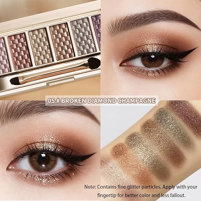 Neutral Metallic Glitter Eyeshadow Palette, 6 Color Silver Rose Gold Bronze Sparkle Eyeshadow Set, Long-Lasting Blendable Shimmer Eye Makeup for Soft Glam Party Look, Makeup Gift for Women