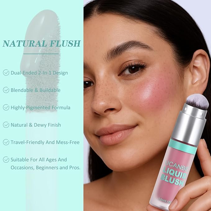 UCANBE Dual-Ended Liquid Blush with Angle Applicator & Built-In Brush, Seamless Buildable Blendable Lightweight Cheek Tint Makeup, Long Lasting Creates Dewy Natural Flush Finish - Cherry Petal