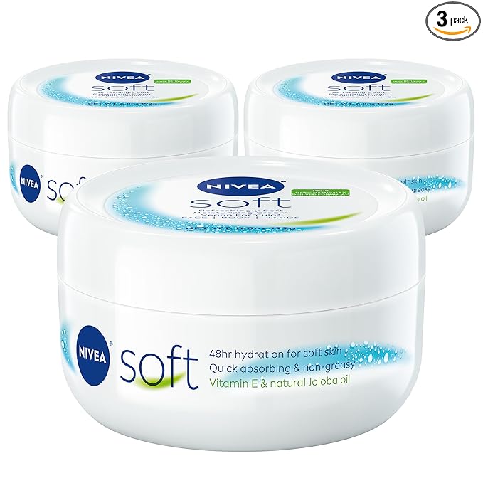NIVEA Soft Refreshingly Soft Moisturizing Cream for Face, Body and Hands, Lightweight, Non-Greasy, 48-Hour Body Moisturizer with Jojoba Oil and Vitamin E, 6.8 Oz Jar, Pack of 3