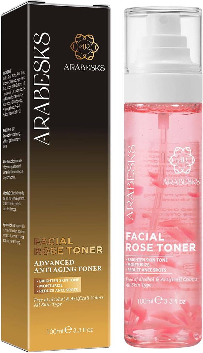 Rose Water Toner Spray for Face with Hyaluronic Acid & Aloe Vera — Hydrating Face Mist, Alcohol-Free, Vegan & Cruelty-Free, Vitamin C, Sensitive Skin, 3.4 oz