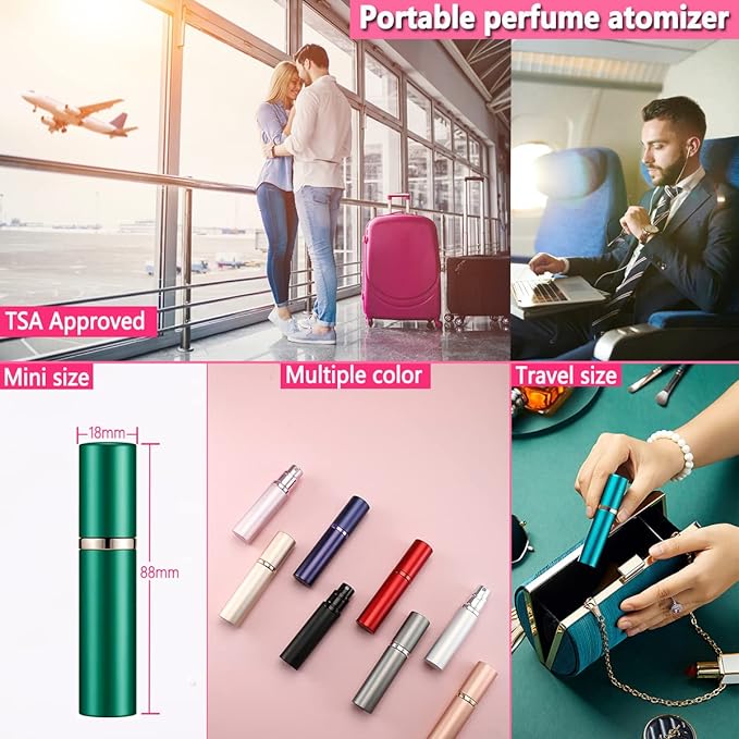 Travel Perfume Bottle Refillable Atomizer - 5ML Pocket Perfume Dispenser, Leakproof Portable Perfume Sprayer (Black & Rose Gold)