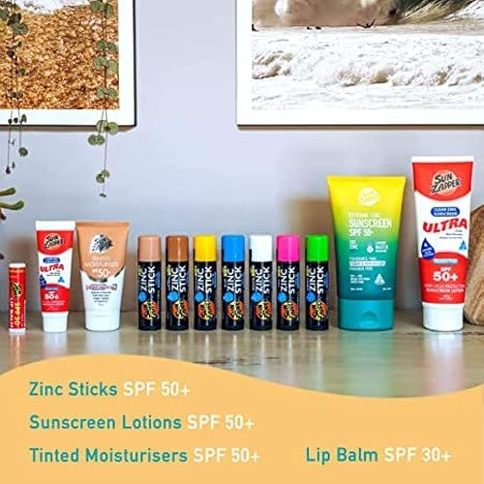 Sun Zapper Zinc Oxide Mineral Sunscreen Stick – SPF 50+ Water Resistant – 4-Pack (Pink, Blue, Green, Yellow) Rainbow Pack – For Face & Body – Made in Australia