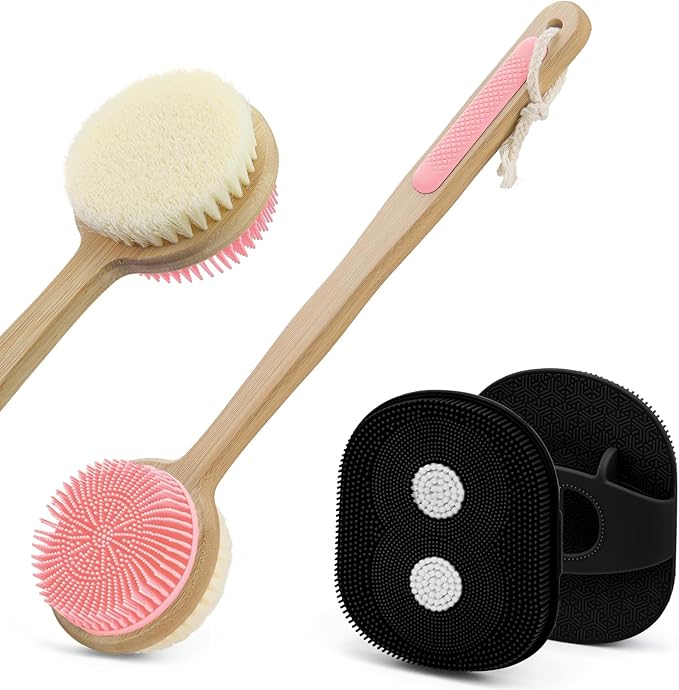 Back Scrubber for Shower + Body Scrubber 2 Pack, Dual Sided Silicone & Nylon Bristles Lather Well Exfoliating Anti-Slip Wood Long Handle Back Scrubber Body Exfoliator for Wet/Dry Bath Brush Pk+Bl