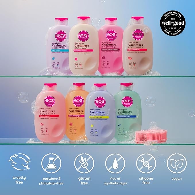 eos Cashmere Body Wash – Pink Champagne, Moisturizing Body Wash, Creamy Gel Formula, with Shea Butter, Glycerin, Vitamin E, pH Balanced, Sensitive Skin, Vegan, 16 fl oz
