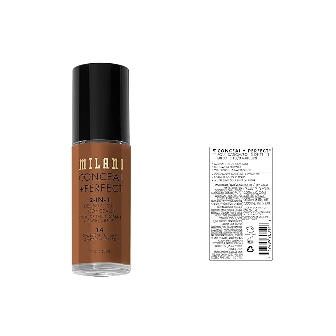 Milani Conceal + Perfect 2-in-1 Foundation + Concealer for a Flawless Complexion, Under Eye Corrector, Cover Redness and Imperfections, Waterproof and Sweatproof - 14-Golden Toffee