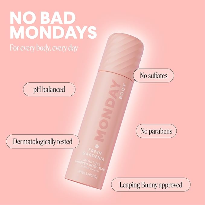 MONDAY HAIRCARE MOISTURE Whipped Body Wash in Fresh Gardenia Scent with Hyaluronic Acid for All Skin Types, 8.8 oz