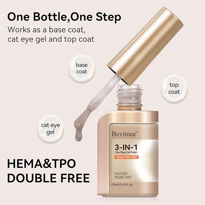 Cat Eye Gel Nail Polish，3 In 1 Step Nude Cateye Gel Polish with Magnet, Magnetic Shimmer HEMA Free TPO Free Long Lasting Soak Off UV DIY Nail Art 12ml