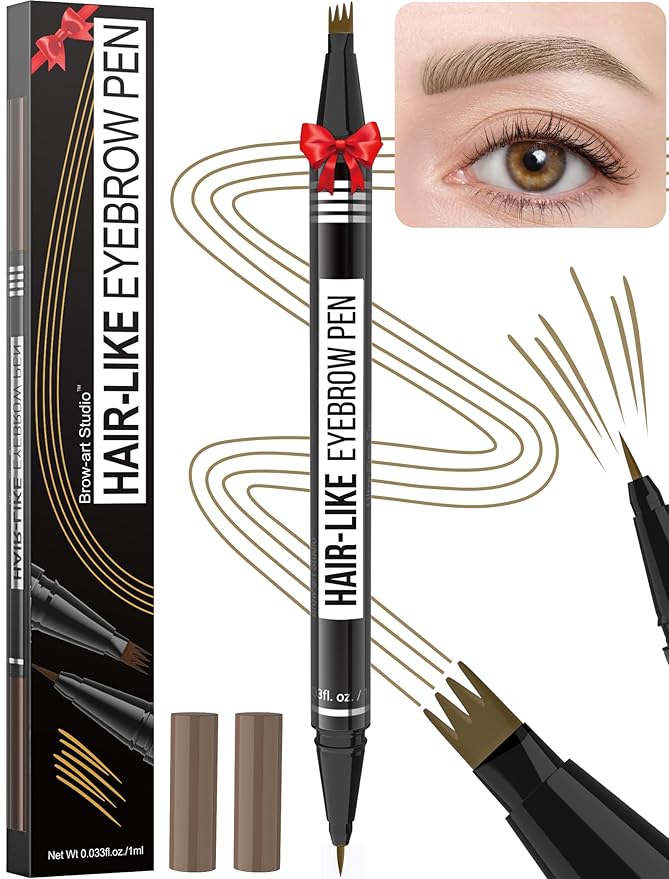 Microblading Eyebrow Pen - Eyebrow Pencil Magical 2-in-1 Dual-Ended Waterproof Eye Brow Pencils for Women with 4-Fork-Tip & Precise Brush-Tip for Natural Hair Like Strokes, Last All-Day, Light Brown