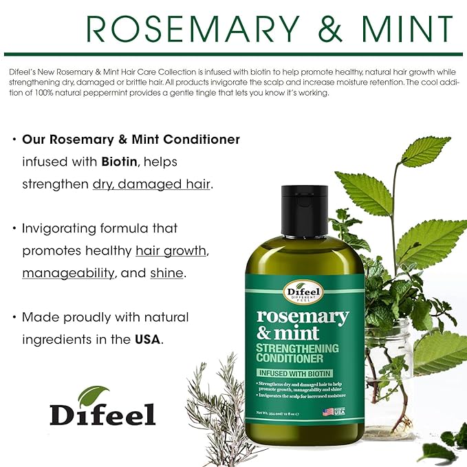 Difeel Rosemary and Mint Hair Strengthening Conditioner with Biotin 12 oz. - Made with Natural Rosemary Oil for Hair Growth