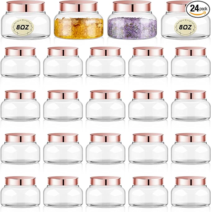 Tessco for you 24 Pack Plastic Jars with Lids Labels Multiuse Slime Containers Empty Body Scrub Jars Round Refillable Cosmetic Body Butter Container for Makeup (8 oz,Rose Gold)