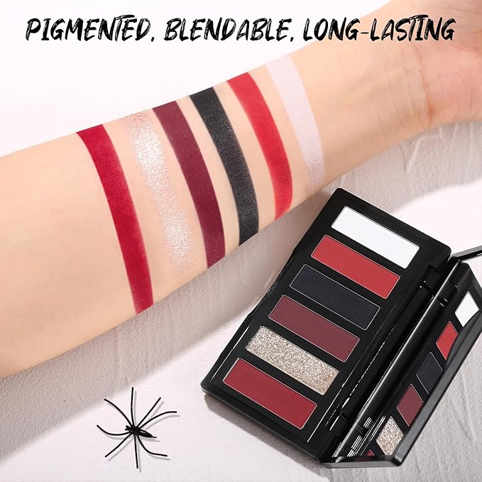 SUSIKEKI Red Eyeshadow Palette with Mirror Sliver Red Black Tones Matte Shimmer 6 Colors Mini Eye Shadow Pallet Travel Size Highly Pigmented for Joker Vampire Clown Goth Halloween Christmas Makeup