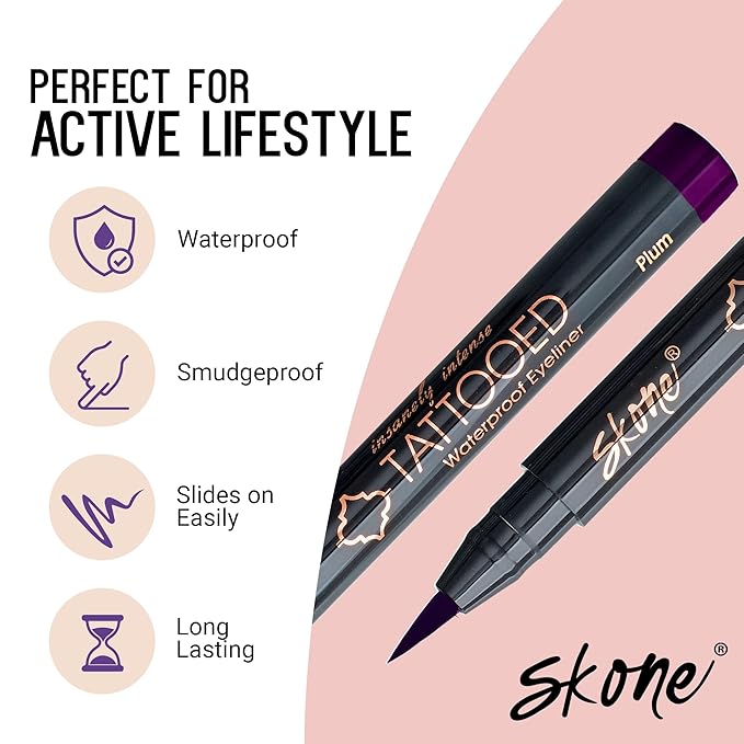 Skone Cosmetics Insanely Intense Tattooed Eyeliner Pen - Waterproof Liquid Eyeliner, Long Lasting, Sweat Proof, Smudge Proof Felt Tip Liquid Eyeliner - Pigmented Eye Liner Makeup - Plum Black (0.07oz)