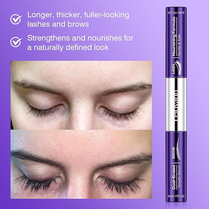 2-in-1 Lash & Brow Growth Serum, Dual-Ended Eyelash & Eyebrow Enhancer, Peptide & Vitamin Formula for Longer, Thicker Lashes and Fuller Brows, Eye-Safe, Vegan & Cruelty-Free, 5 mL + 5 mL