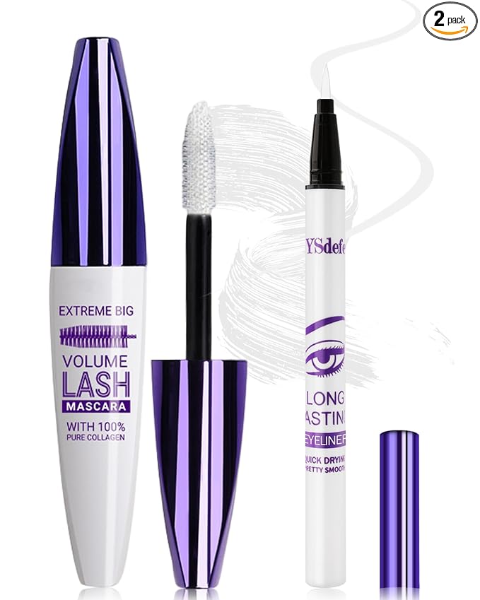 White Mascara Liquid Eyeliner Set, Update Longlasting Waterproof Color Eye Liner Pen, 5D Silk Fiber Colored Mascara Volume and Length, Christmas Party Stage Use Eye Makeup Gift Kit for Women Girl-03