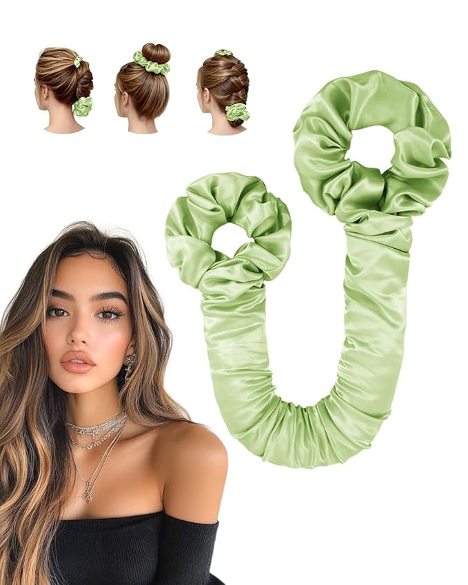 BONNET QUEEN Satin Heatless Hair Curler, Overnight Curls for Long Hair, Ultra Soft Daily Use of Hair Accessories & 2 Scrunchies, Damage-Free Styling, Soft Hair Curlers for Overnight, Sage