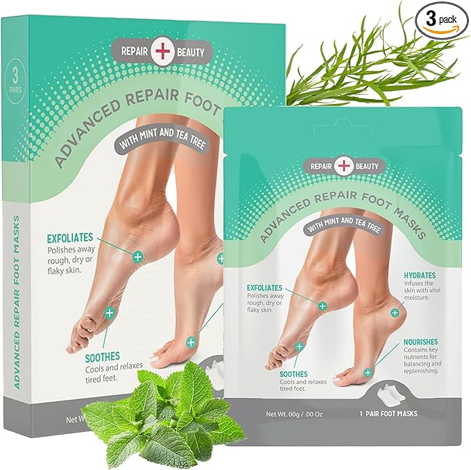 Mint and Tea Tree Foot Masks Moisturizing Socks - Moisturizes Dry & Cracked Heel, Soothes Tired Feet, Exfoliating Foot Masks - Cruelty Free Korean Skin Care for All Skin Types - 3 Pairs