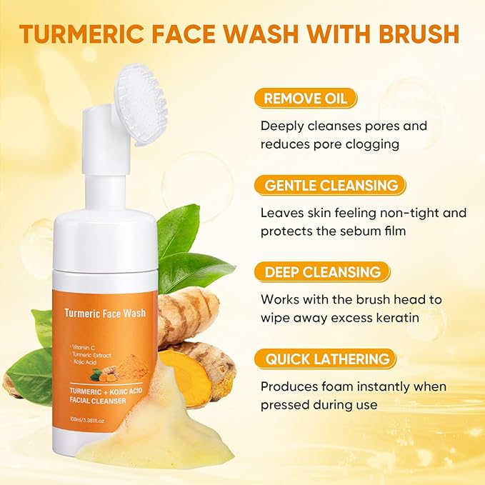 Treeroot 4Pcs Turmeric Face Wash Set: 2Pcs 70g Turmeric Kojic Acid Soap & Turmeric Face Wash with Brush & Turmeric Face Scrub Pads, Face & Body Cleanser, Cleansing Mousse for Deep Cleansing