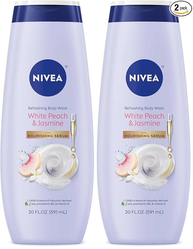 NIVEA Refreshing White Peach and Jasmine Body Wash with Nourishing Serum, Scented Body Wash for Women, Enriched with Provitamin B5 and Vitamin E, 20 Fl Oz Bottle, (Pack of 2)