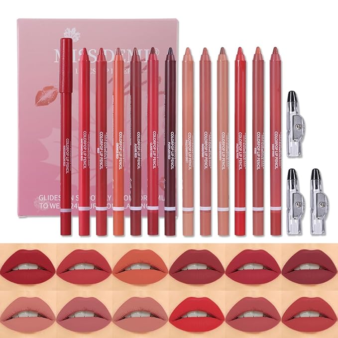 Miss Demi 12 Colours Sculpting Matte Velvet Lip Liner Set, Creamy Velvet Pigmented Lip Liner, Matte Set Makeup Soft Pencils for Women (12 Pcs)
