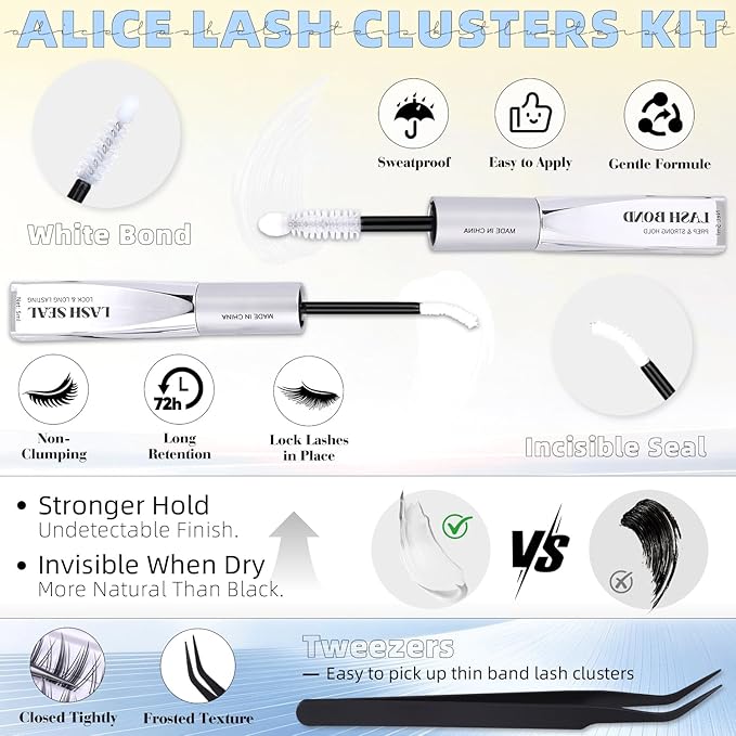 ALICE Bunny Lash Clusters Kit Wispy Manga Eyelash Clusters Kit Anime Cluster Eyelash Extension Kit Manga 8mm-14mm Thin Band Individual Lashes 2 Spikes with Bond and Seal DIY at Home