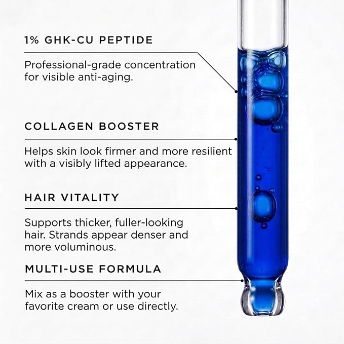 Skin Perfection Copper Peptide Serum GHK-CU 1% for Face & Hair Copper Peptides for Skin, Hair, & Scalp - 1% Blue Liquid for Face, Neck, Body, Scalp Multi-Use Serum Booster with Dropper 0.5 fl oz
