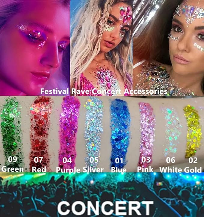 Go Ho Clear White Face Body Glitter - Party Flash Festival Rave Outfits for Women&Kids,Holographic Glitter Rainbow White Face Paint,Halloween Mermaid Fairy Makeup Chunky Sequins Gel,Rave Accessories