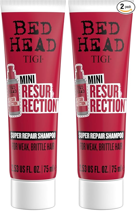 Bed Head by TIGI Resurrection Super Repair Shampoo Travel Mini – Repairing shampoo for dry, brittle and damaged hair with added moisture and nourishment, 2.53 fl oz (Pack of 2)