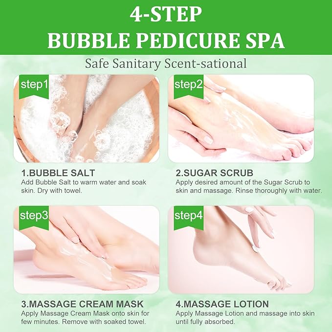 Pedicure Kit Foot Soak Set: Bubble Salt, Sugar Scrub, Massage Mask, Massage Lotion in a Box, 4 Step Foot Spa Kit for Dry Feet,Tired Feet（1 Set Lemon)