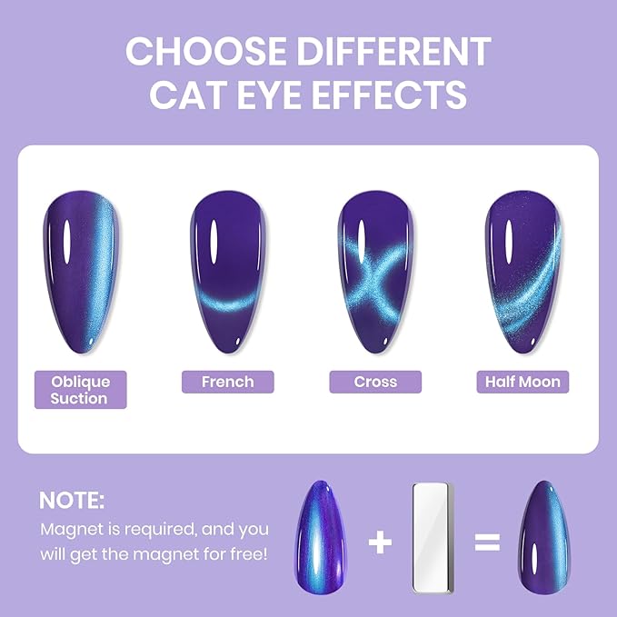 Cat Eye Nail Polish Set, Quick Dry Magnetic Nail Polish Non Gel with Magnet, Multi-Color Holographic Glitter Cateye Nail Lacquer High Glossy DIY Salon Gift for Women Girl