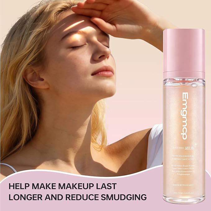 Sheer Setting Mist Sunscreen SPF 50, Broad Spectrum Shimmering Body Oil Mist for Face & Body, Hydrating Makeup-Friendly, Reef-Safe, Non-Greasy & Weightless Fast Drying for Dewy Finish (1pc)