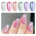 MIZHSE Cat Eye Gel Nail Polish, Moonlight 6 Colors Ceramic Magnetic Gel Polish Set with Magnet Stick, Crystal Silver Pink Green Blue Purple Magnetic French Nail Polish Kit Gift Set