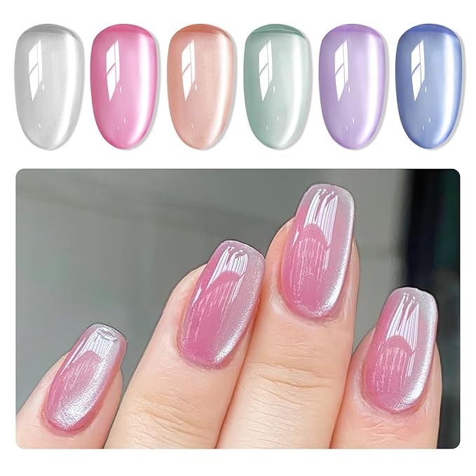 MIZHSE Cat Eye Gel Nail Polish, Moonlight 6 Colors Ceramic Magnetic Gel Polish Set with Magnet Stick, Crystal Silver Pink Green Blue Purple Magnetic French Nail Polish Kit Gift Set