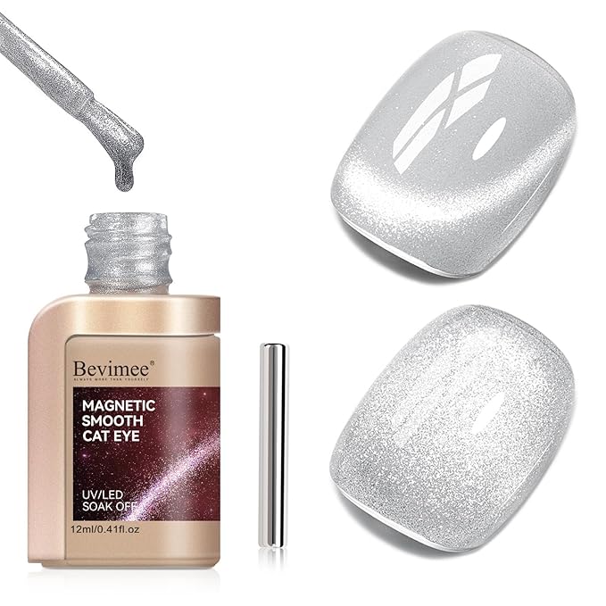Cat Eye Gel Nail Polish, Silver Glitter Magnetic Nail Polish Smoothie with Magnet Stick, Holographic Shimmer Cateye Effect, UV Velvet Nail Art Manicure Salon DIY Home, 12ML
