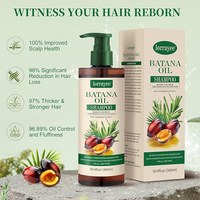 Batana Oil Shampoo, Hair Growth Shampoo for Thinning Hair & Hair Loss Treatment - Organic Rosemary, Formula with Biotin & Keratin to Reduce Shedding, Thicken Hair For Men & Women 2 Pack