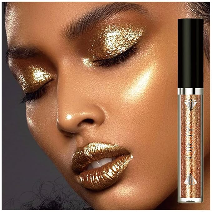 ADMD Diamond Lip Glaze 6-Piece Set Lip Gloss Glitter Sparkling Liquid Lipstick&Shimmer Eyeshadow Long-Lasting Waterproof Makeup