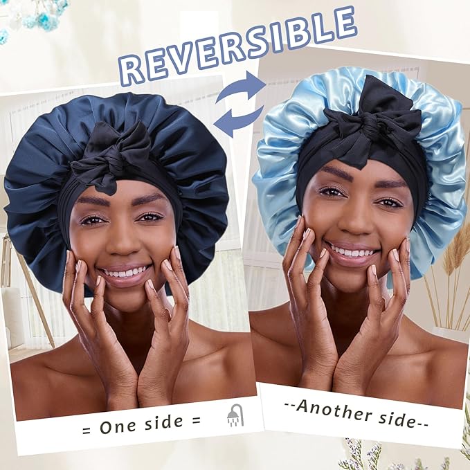 Reversible Satin Bonnet for Women with 3PCS Hair Scrunchies Tie Band Hat for Sleep Large 2 Layered Silk Nightcap (Reversible (Navy/Lake Blue))