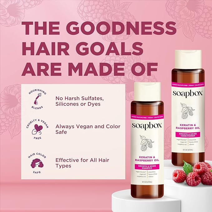 Soapbox Keratin & Raspberry Seed Oil Shampoo & Conditioner Set, Leaves Hair Shiny, Smooth & Glossy - Clean Ingredients Free of Harsh Chemicals, Sulfates, Parabens & Silicones - 16 oz Each