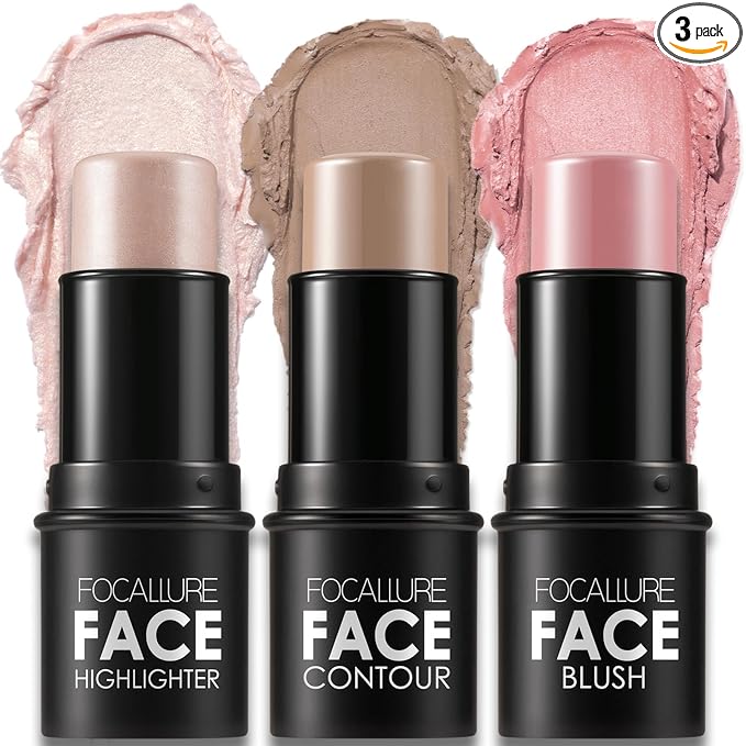 FOCALLURE 3 Pcs Cream Contour Sticks,Shades with Highlighter Bronzer Blush,Non-greasy Long Lasting Face Contouring Pen,Easy to Sculpt the Face and Create a Lightweight Finishing Makeup (For Fair Skin)