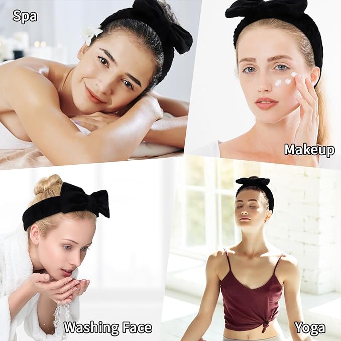 Casoty 10 Pcs Black Face Wash Headbands, Spa Gifts for Women Girls, Soft Coral Fleece Skincare Headband, Bow Hair Bands, Beauty Headbands for Face Washing Shower Skin Care Yoga