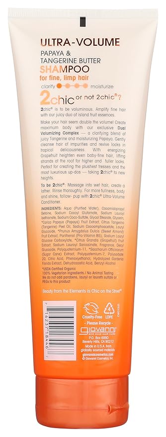 GIOVANNI 2chic Ultra-Volume Shampoo - Daily Volumizing Formula with Papaya & Tangerine Butter, Promotes Weightless Control for Fine Limp Thin Hair, No Parabens, Color Safe - 8.5 fl oz